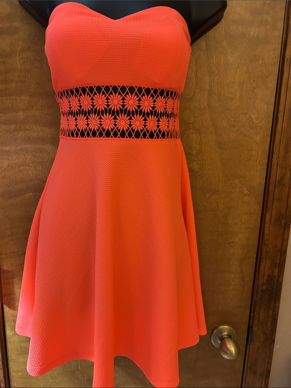 Coral Strapless Fit-and-Flare Dress with Lace Waist - Homecoming